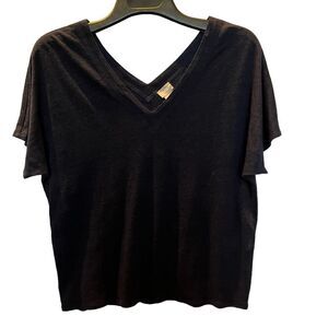 Chico's Women's Linen Short Sleeve Navy Blue Blouse V Neck Size 2 Pullover